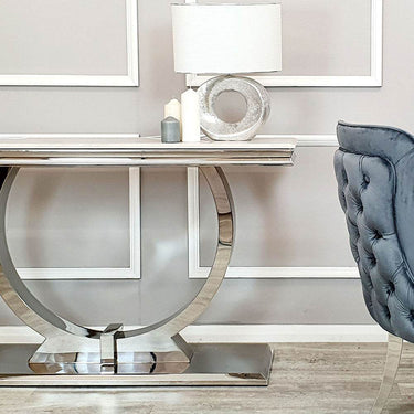 Arriana Console Table – Luxury Glass or Marble Top with Polished Stainless Steel Base – 140cm - UK Luxury Furniture